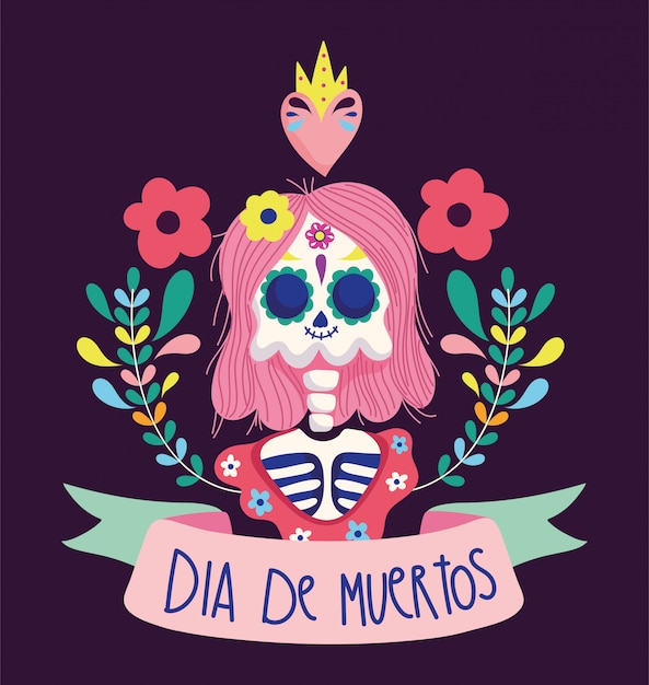 Day of the dead, female skeleton heart flowers decoration traditional mexican celebration