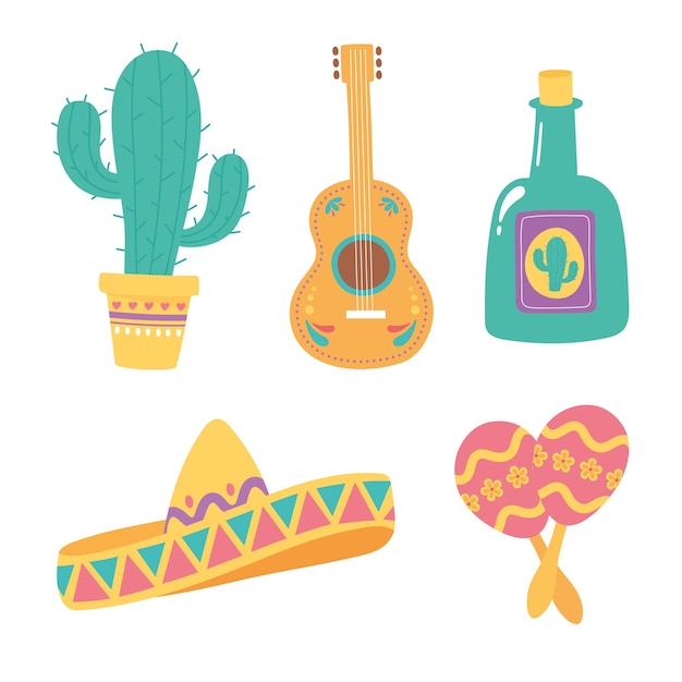 Day of the dead, guitar cactus tequila hat and maracas, mexican celebration.