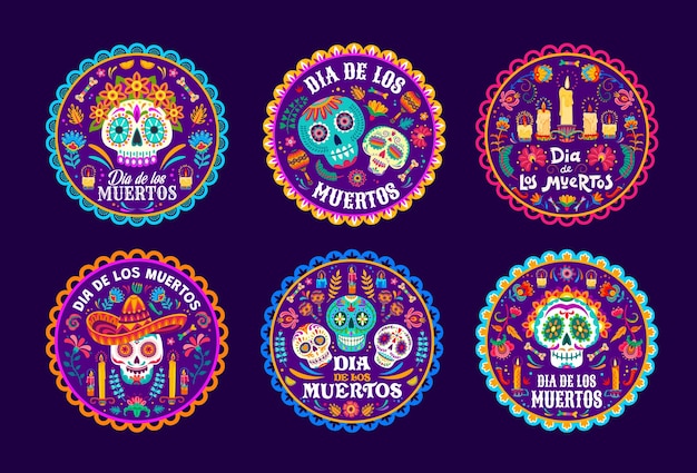 Vector day of dead labels mexican halloween sugar skulls