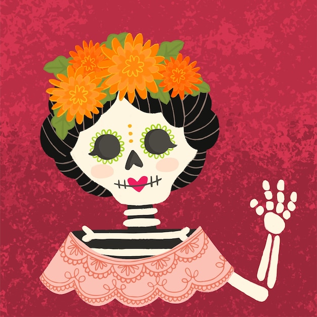 Day of the dead, Mexican holiday, festival. Woman skull with make up of Catrina with flowers crown