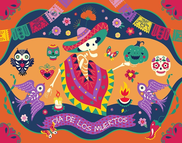 Day of dead poster with festive human skeleton in mexico poncho Celebration festival invitation party skull and halloween pumpkin vector background Illustration of mexican skeleton decoration