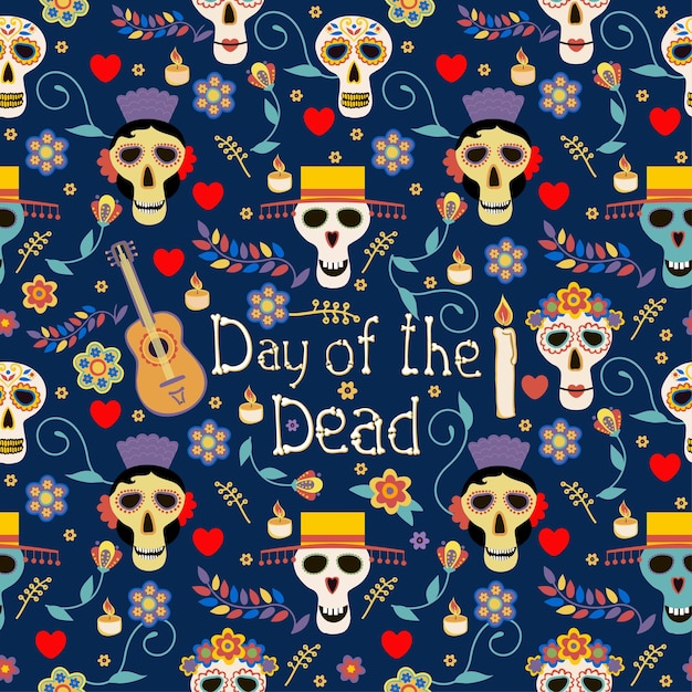 The day of the Dead Seamless vector pattern with sugar skulls and flowers on a dark background