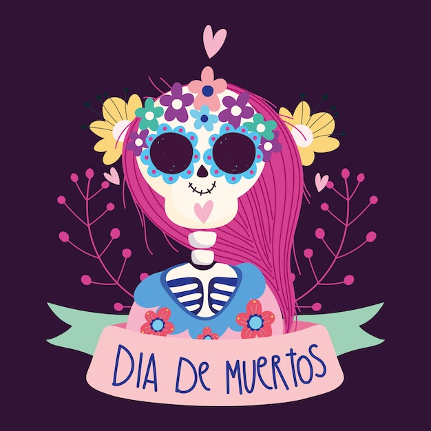 Day of the dead, woman skeleton catrina flowers ribbon traditional mexican celebration