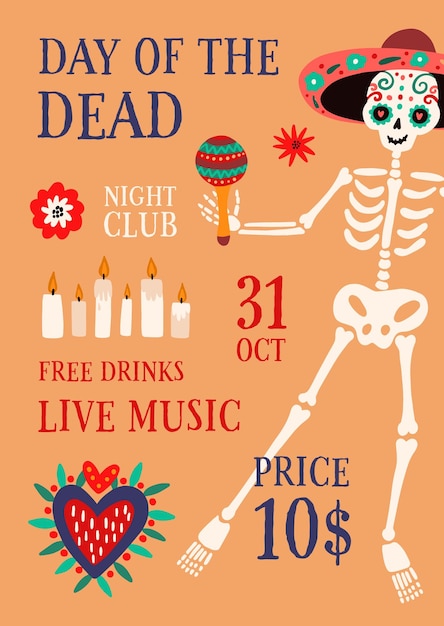 Day of the death theme party promo poster with place for text vector flat illustration. Announcement of 31 October event with traditional Mexican decorations. Placard with male skeleton in calavera.