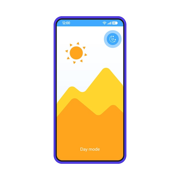 Day mode app smartphone interface vector template. Mobile page blue design layout. Screen brightness settings. Flat UI for application. Battery saver, optimizer. Switch to night mode. Phone display