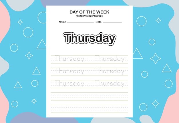 Day name of the week trace and writing practice sheet