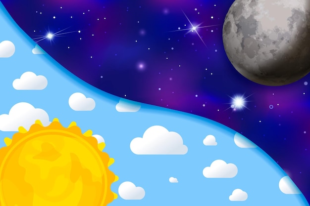 Day and night, colourful childish illustration with sun, sky, clouds, moon and stars