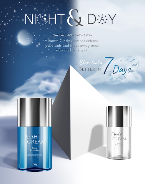 Day and night cosmetic on light and dark sky background for cream skin care cosmetic products with 3d package