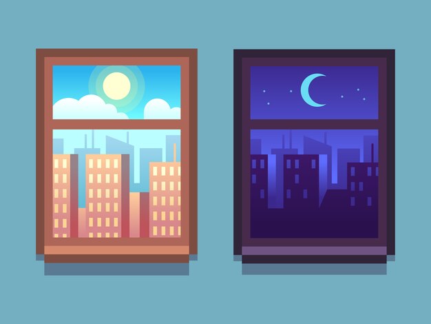 Vector day and night window. cartoon skyscrapers at night with moon and stars, at day with sun inside home windows.