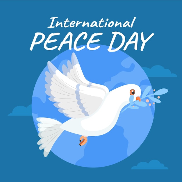 Day of peace poster World hope international holiday White bird with green twig in beak Flying animal and olive branch Peaceful pigeon on Earth backdrop Dove and sprigs Vector concept