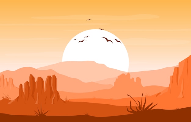 Day in Vast Western American Desert with Cactus Horizon Landscape Illustration