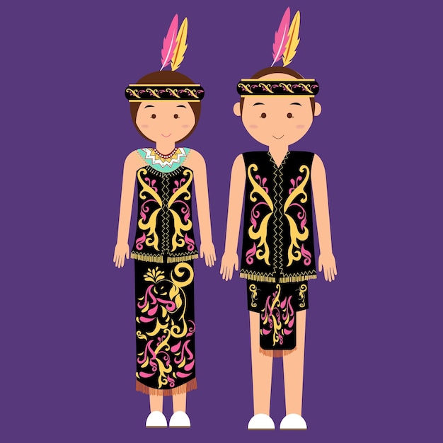 Vector dayak kalimantan borneo indonesian traditional clothes woman dress vector cartoon costume asian