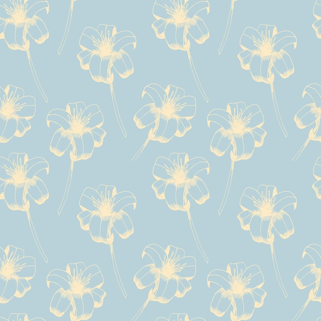 Daylily vector seamless pattern Hand drawn flowers of day lily on light blue background Design for wedding decor wallpapers curtains textile wrapping paper Retro pattern