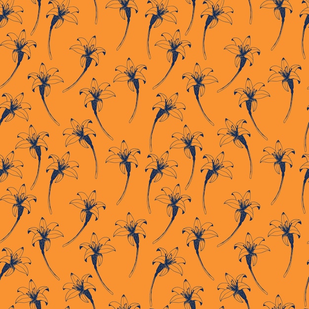 Daylily vector seamless pattern Hand drawn flowers of day lily on orange background Design for wedding decor wallpapers curtains textile wrapping paper