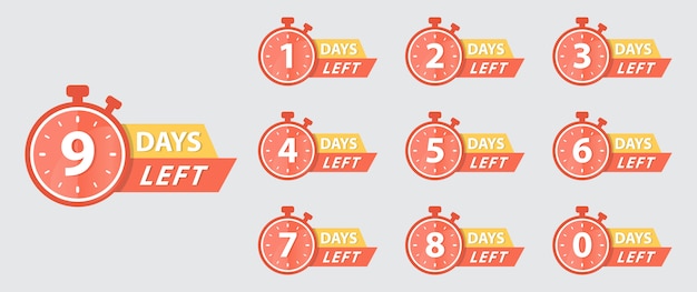 Days left icon. Limited badges for promotion. Counter down button for sale or deal. Day left discount sign. Offer countdown stamp. vector set number countdown 0 to 9