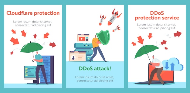 Ddos Protection Cyber Security And Safety Data Cartoon Banners People with Shield and Umbrella Protect Blockchain Net