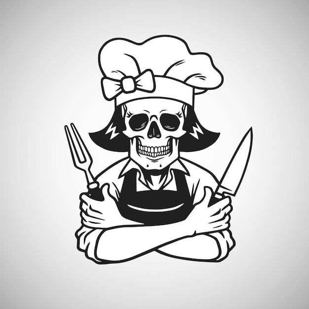 Dead Lady Skull Chef Logo Grinning with Fork Knife and Hat Vector Drawing