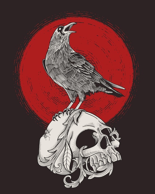 dead skull with standing raven