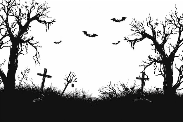 Dead Trees Crosses Halloween Landscape Bats