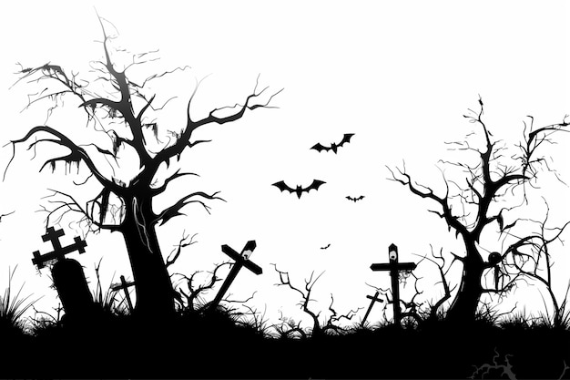 Dead Trees Crosses Halloween Landscape Bats