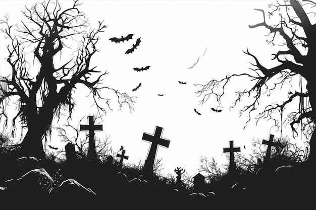 Dead Trees Crosses Halloween Landscape Bats