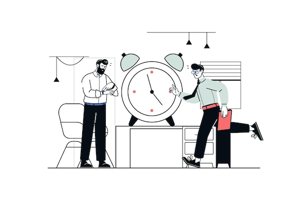 Deadline concept in flat line design Boss points to ticking clock employee is in hurry to complete