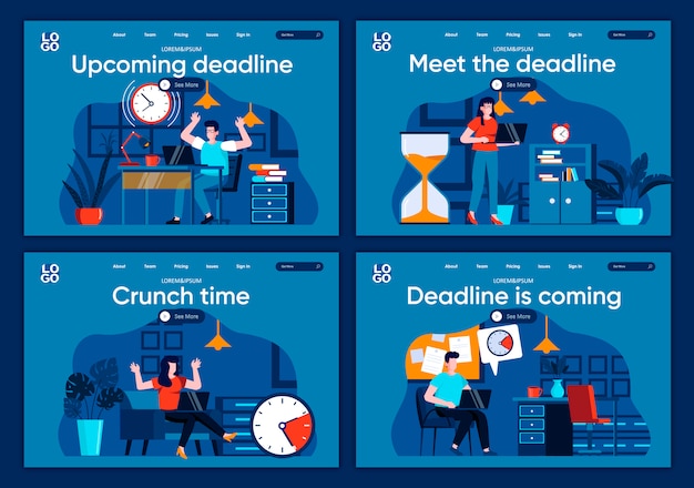 Vector deadline is coming flat landing pages set. employee in panic, hurrying up with work project scenes for website or cms web page. meet the deadline, crunch time, upcoming deadline illustration