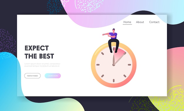 Deadline, Time as Valuable Life Resource Landing Page Template. Character Sit at Huge Alarm Clock Pointing on Wrist Watches. Time Management, Scheduling Work, Meet Up. Cartoon Vector Illustration