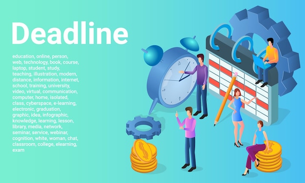 Deadline Time management and time control People on the background of a calendar and a large clock