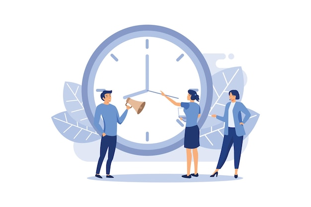 Deadline working people with big clock concept. Business woman try to stop clock arrows, Vector