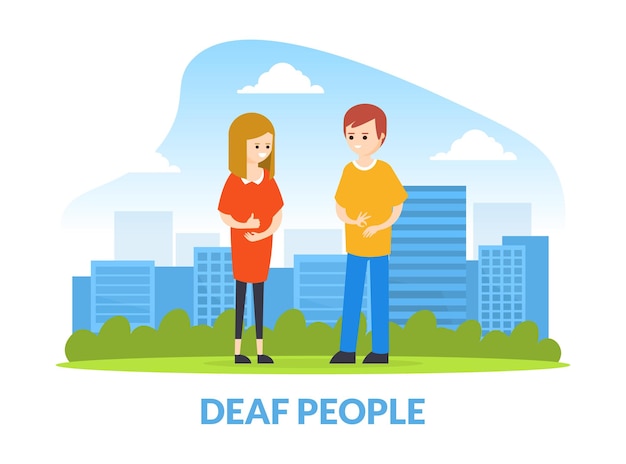 Deaf Man and woman Talking to Each Other with Gestures Hearing Disability Concept Cartoon Vector Illustration