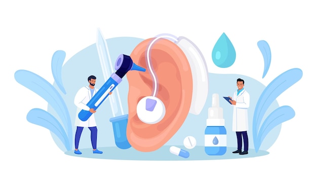 Deafness, Hearing Loss. Doctors Check Health of Ear, Hearing organ.  Deaf Patient with Hear Problem Visit Doctor Audiologist for Treatment. Medical examination, Test of Ears. Big Ear with Hearing Aid