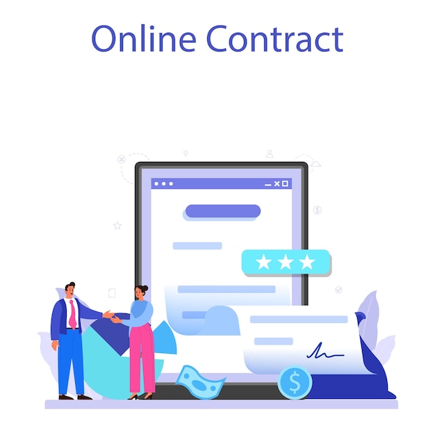 Deal online service or platform Official contract and business handshake Partnership cooperation and corporate business development Online contract Flat vector illustration