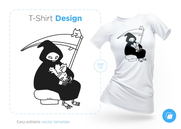 Vector death sits with a cat in his arms tshirt design print for clothes posters or souvenirs