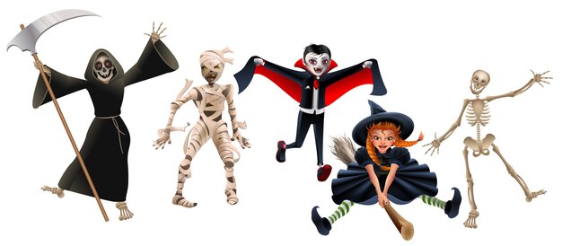 Vector death with scythe, mummy, dracula vampire, witch on broomstick and skeleton. set characters halloween party. isolated on white cartoon illustration