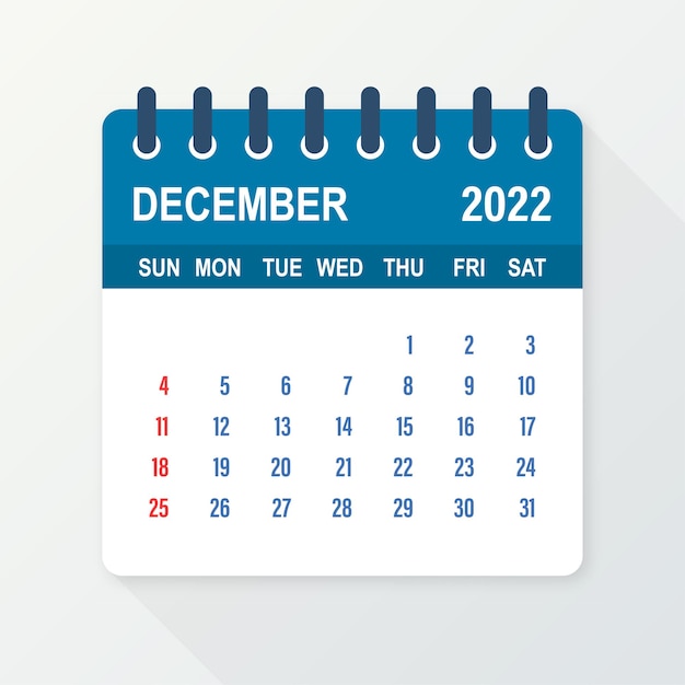 December 2022 Calendar Leaf. Calendar 2022 in flat style. A5 size. Vector illustration.