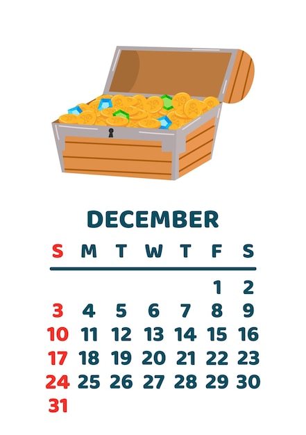 December 2023 calendar page Vector cartoon illustration with cute treasure chest Template for print Vertical layout White background