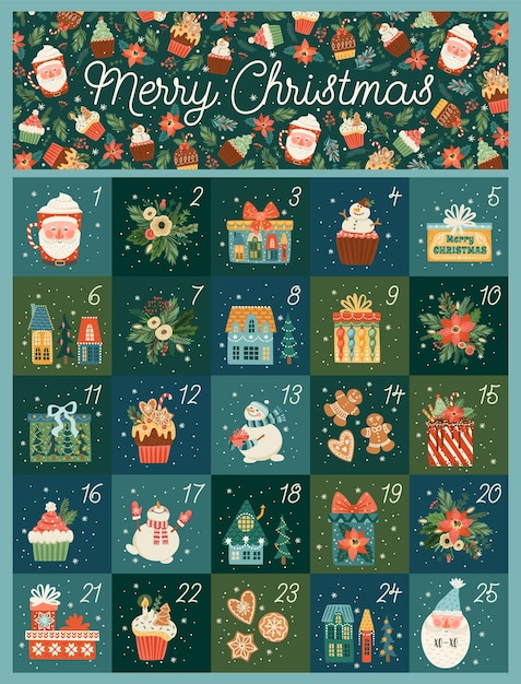 December advent calendar Cute Christmas illusstrations with new year symbols Vector design