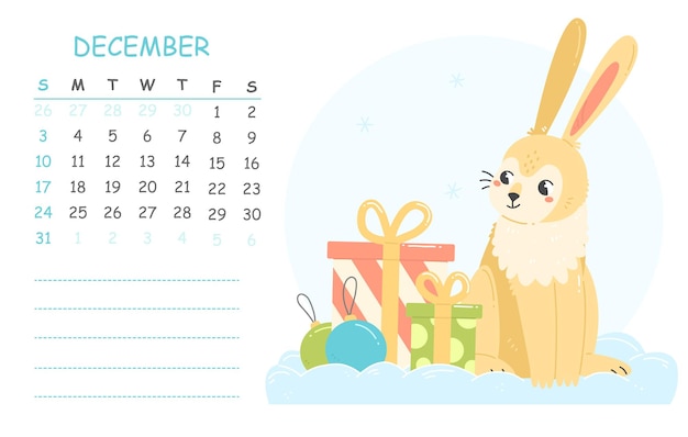 December calendar for 2023 with an illustration of a cute rabbit with gifts 2023 year of rabbit