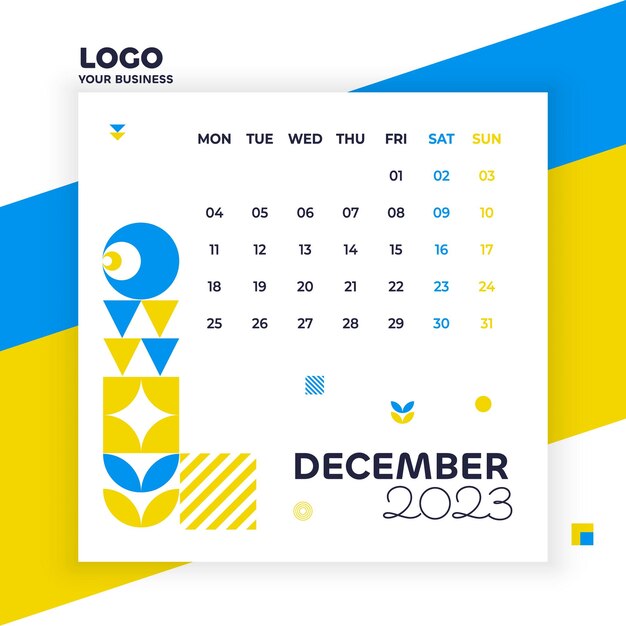 December month stationery print poster in blue and yellow colors minimalist template