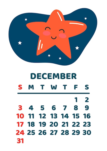 December Space calendar planner 2023 Weekly scheduling planets space objects Week starts on Sunday White background