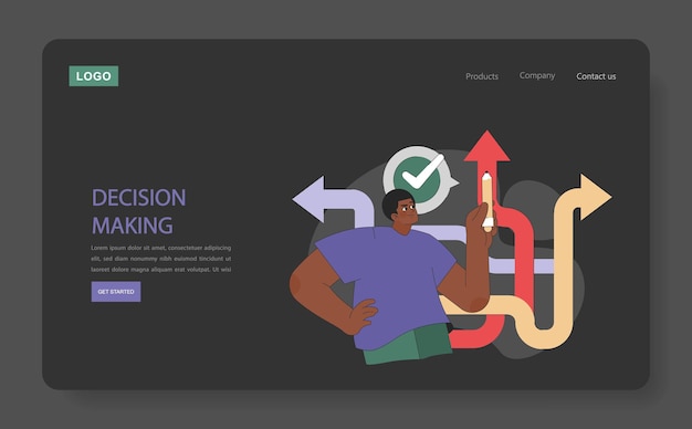 Decision making concept a man evaluates paths with an arrow and check mark symbolizing strategic
