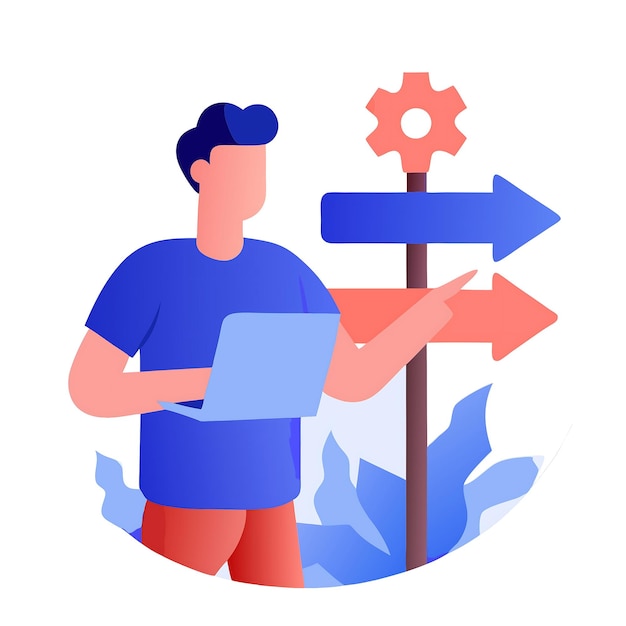 Vector decisionmaking concept illustration with a figure and directional signpost