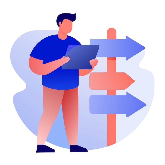 Vector decisionmaking concept illustration with a figure and directional signpost