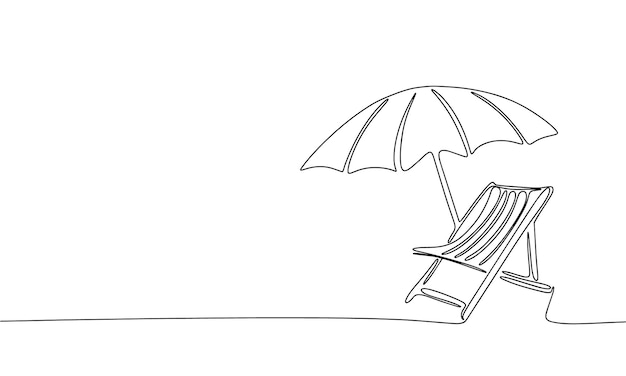 Deck chair with umbrella on beach One line continuous deckchair and sun umbrella Line art beach