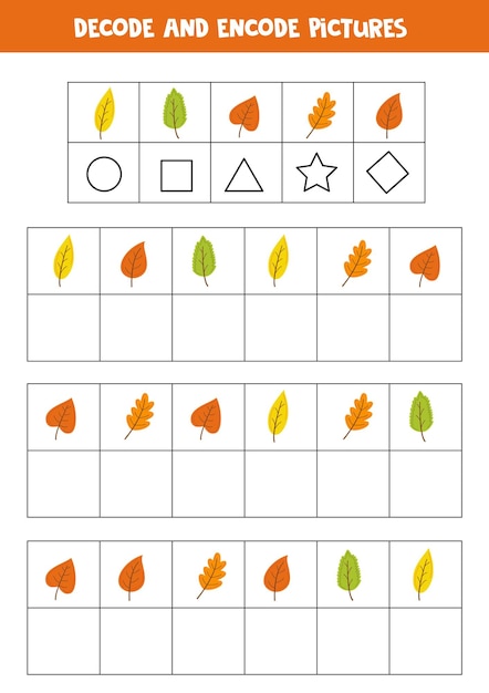 Decode and encode pictures Write the symbols under cute autumn leaves