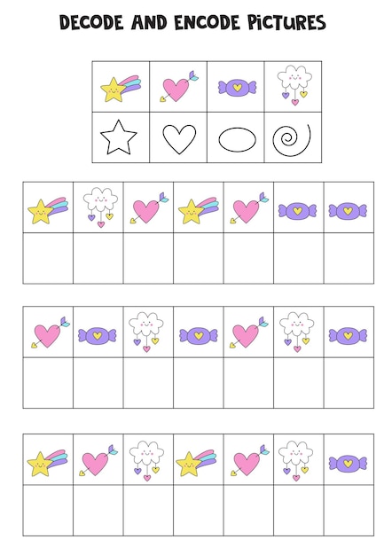 Decode and encode pictures. Write the symbols under cute elements.