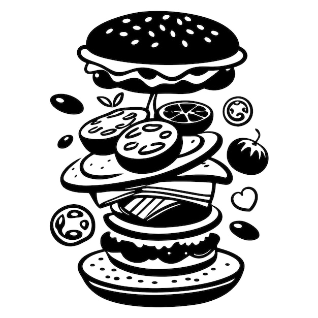 Vector a deconstructed burger silhouette illustration black and white