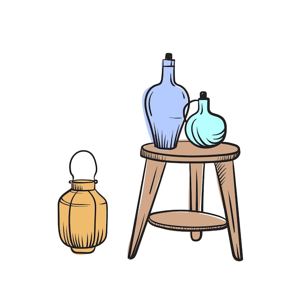 Decor and furniture items for home furnishing Vector sketch with color fill