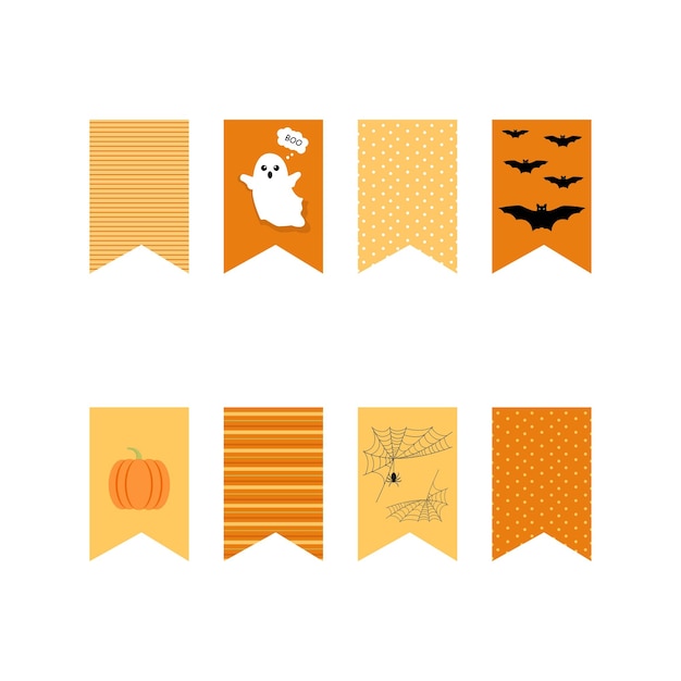 Decor for party Halloween flags garlands template Bat and pumpkins in flat style Cute characters